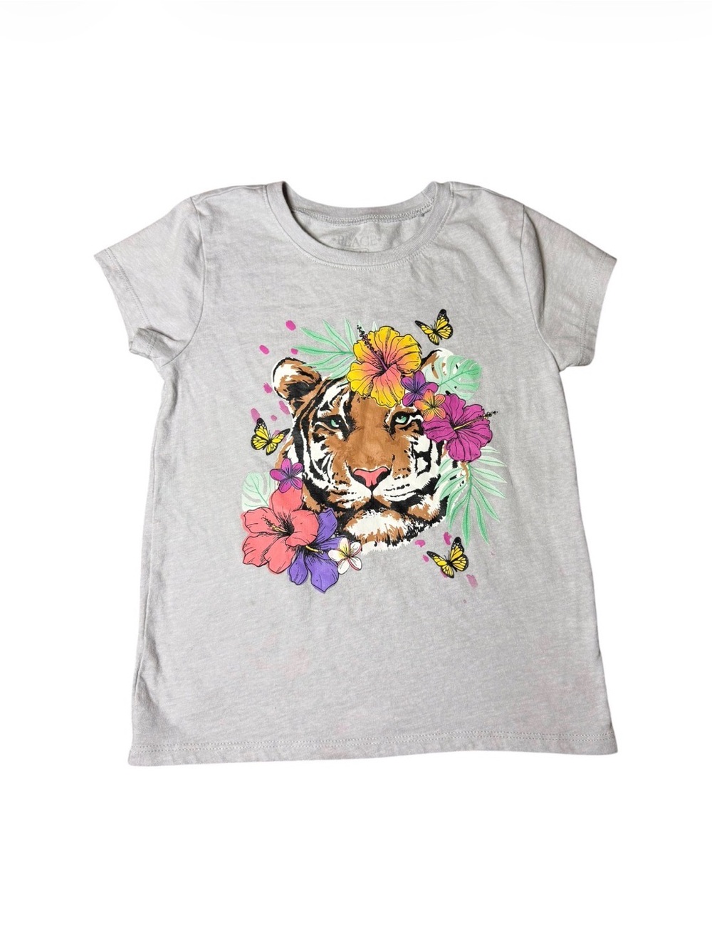 Light Gray Tee with Colorful Tiger & Floral Graphic